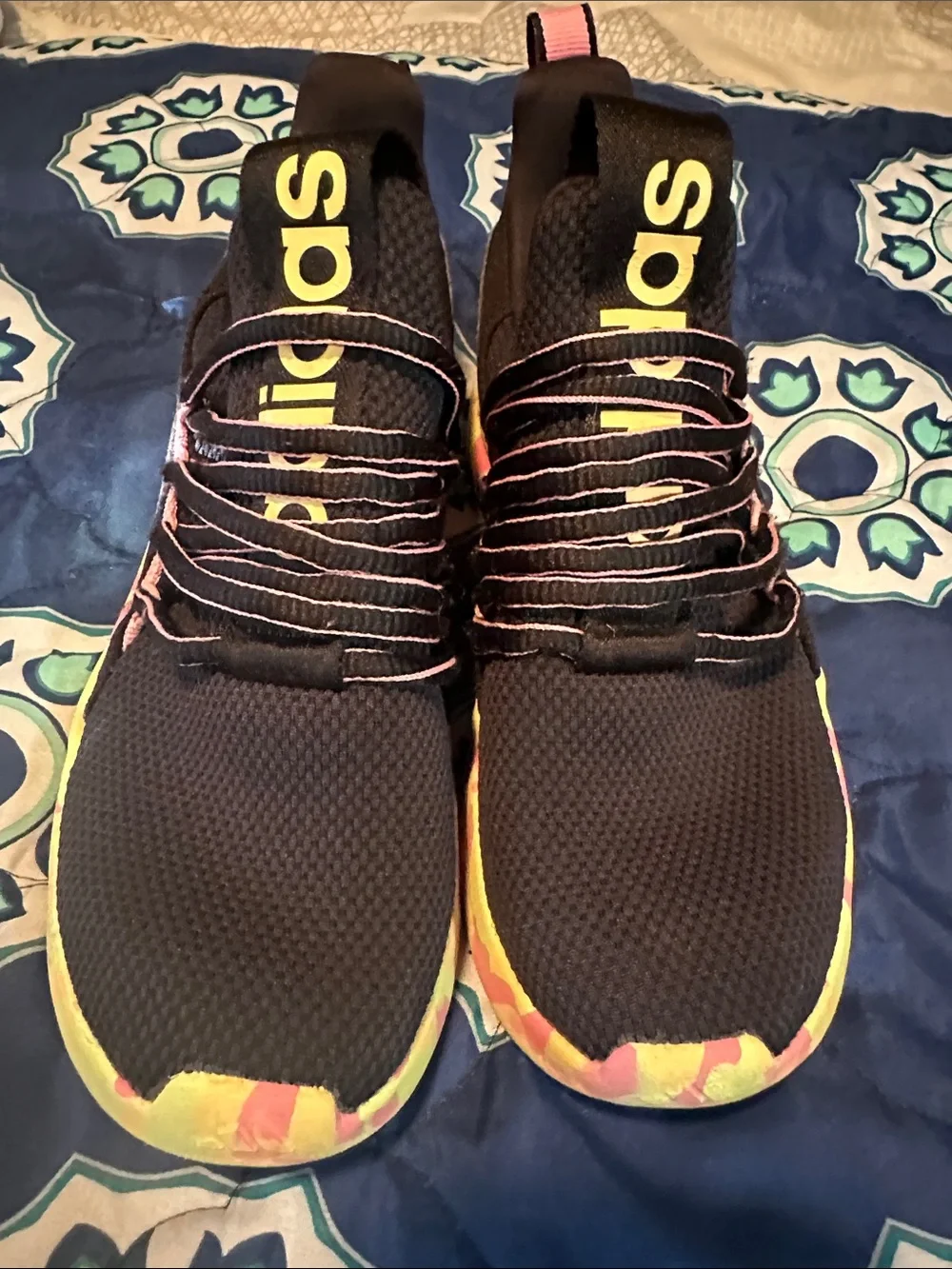 adidas Black Knit Sneakers with Neon Yellow Branding and Multicolor Sole